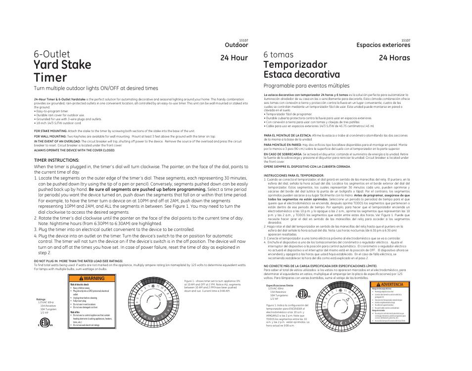 GE Outdoor 15107 Mechanical Timer and User Manual | 1 page