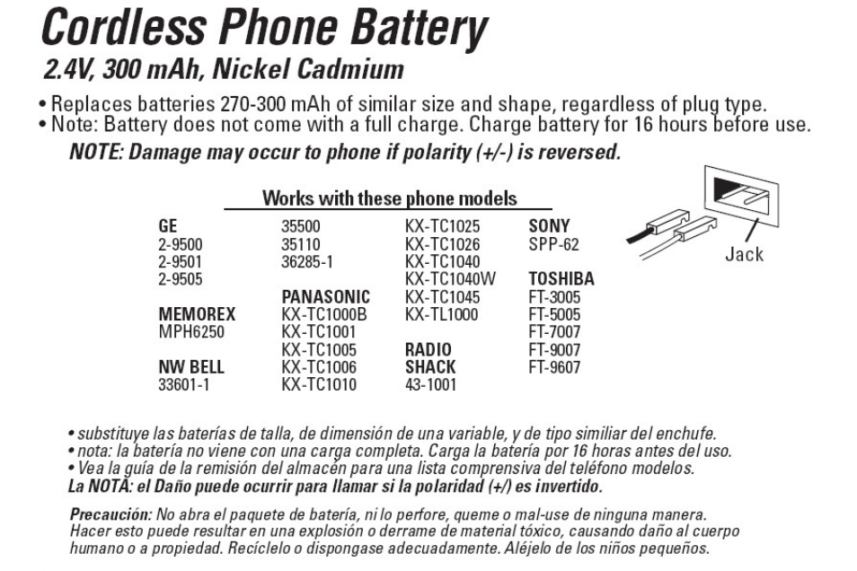 GE 26555 GE Cordless Phone Battery User Manual | 1 page