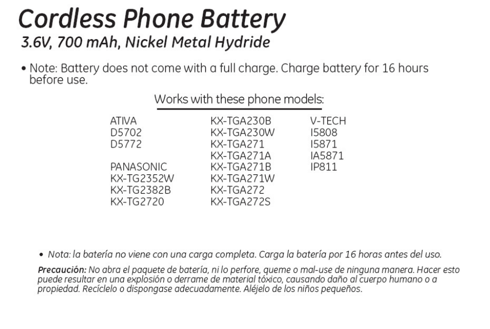 GE 26413 GE Cordless Phone Battery User Manual | 1 page