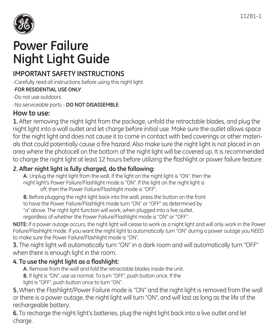 GE 11281 GE Rechargeable Power Failure LED Night Light manual User Manual | 2 pages