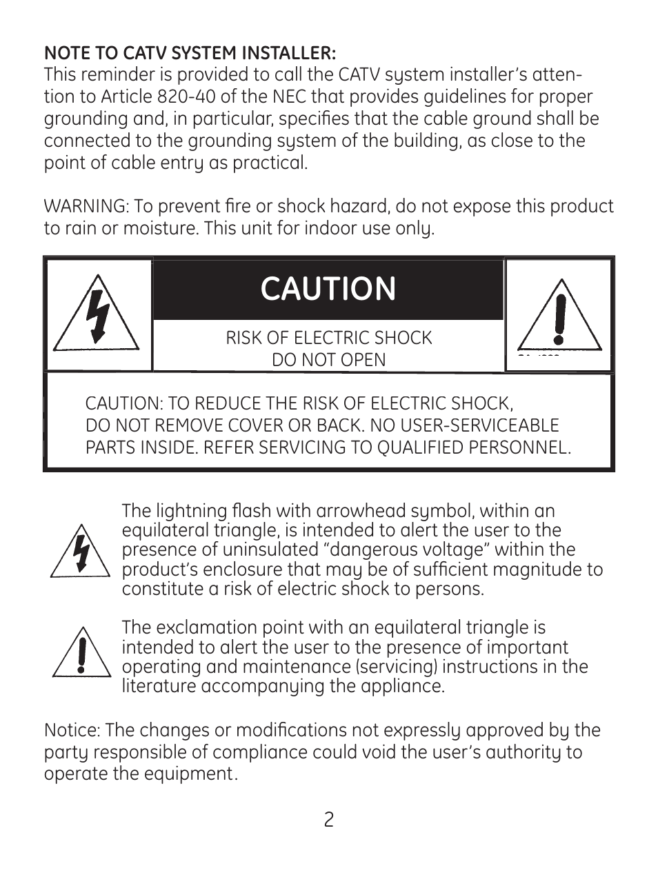 Caution | GE 83299 GE Video Converter FR Modulator with S-Video User Manual | Page 2 / 24