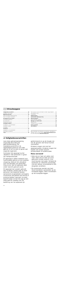 É inhoudsopgave[nl] gebruiksaanwijzing, M veiligheidsvoorschriften, Risico van brand | Ing . 28, Inhoudsopgave, Ã= veiligheidsvoorschriften | Neff T18D44N1 User Manual | Page 28 / 36