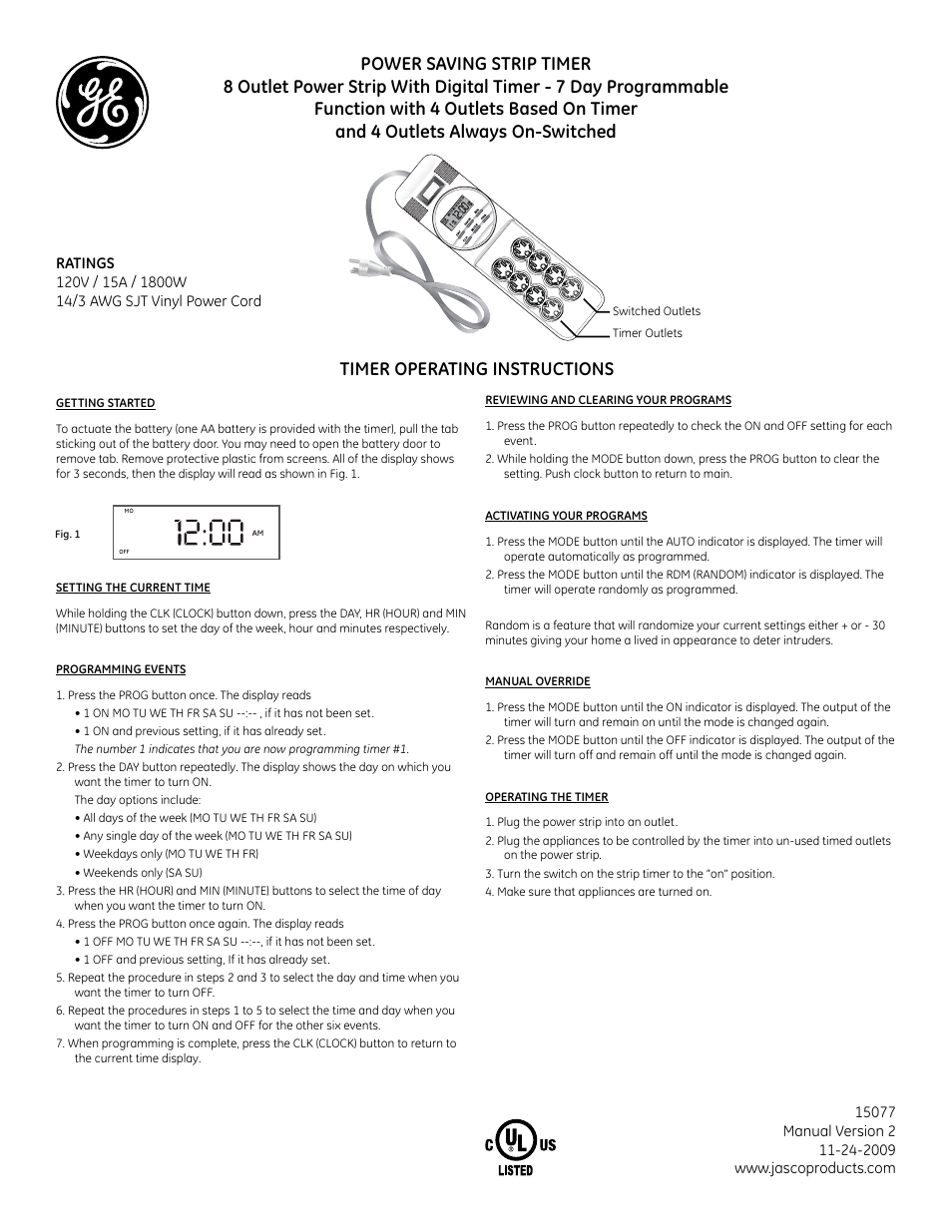GE 15077 GE Strip Timer User Manual | 1 page