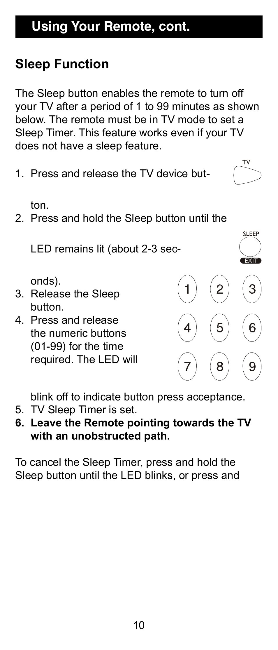 Using your remote, cont. sleep function | GE 24912 GE Universal Remote User Manual | Page 10 / 31