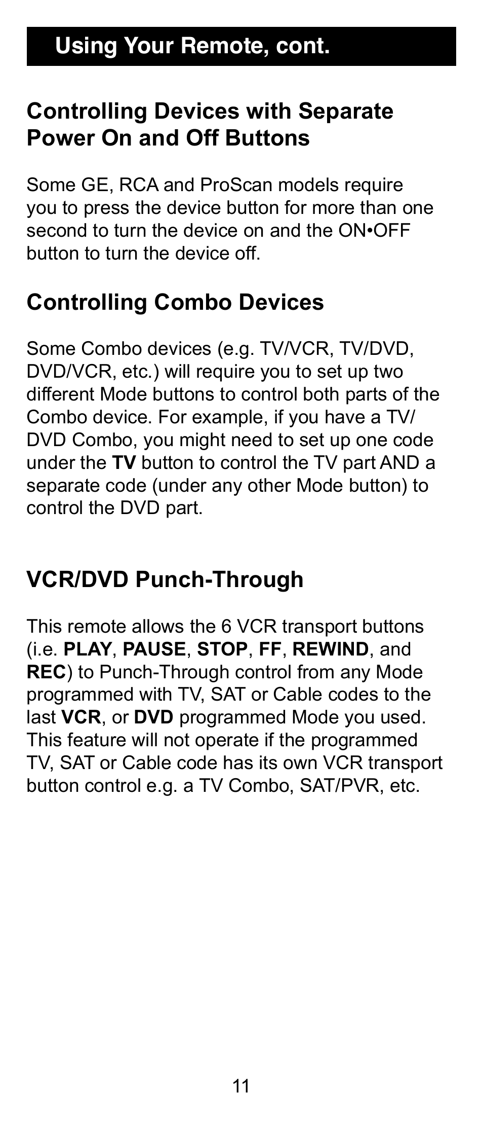Controlling combo devices, Vcr/dvd punch-through | GE 24912 GE Universal Remote User Manual | Page 11 / 31