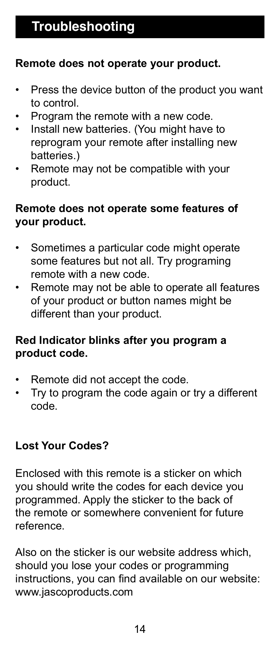 Troubleshooting | GE 24912 GE Universal Remote User Manual | Page 14 / 31