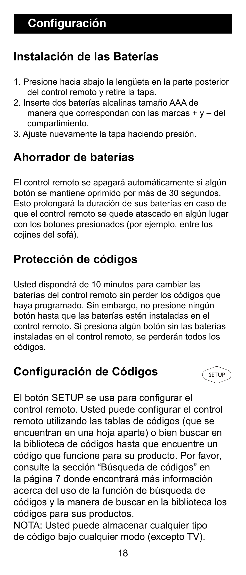Instalación de las baterías, Ahorrador de baterías, Protección de códigos | Configuración de códigos, Configuración | GE 24912 GE Universal Remote User Manual | Page 18 / 31
