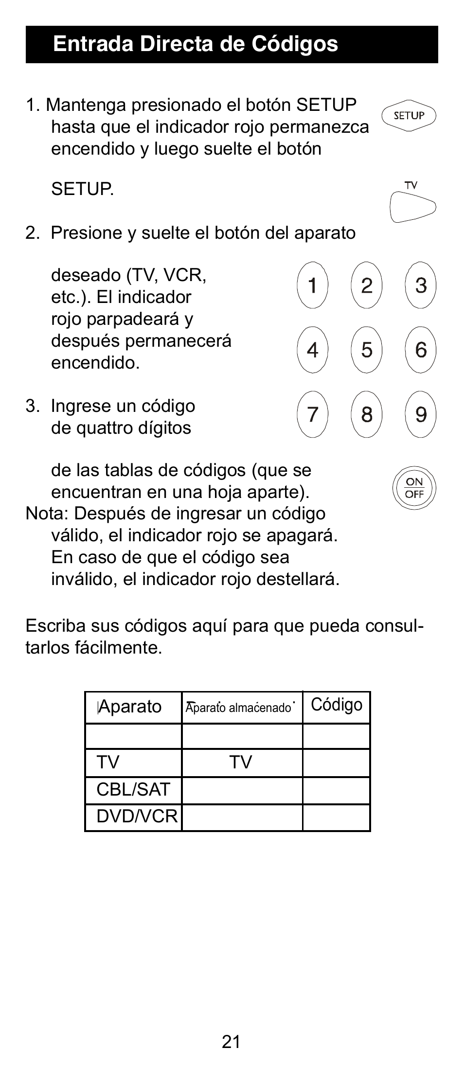 Entrada directa de códigos | GE 24912 GE Universal Remote User Manual | Page 21 / 31