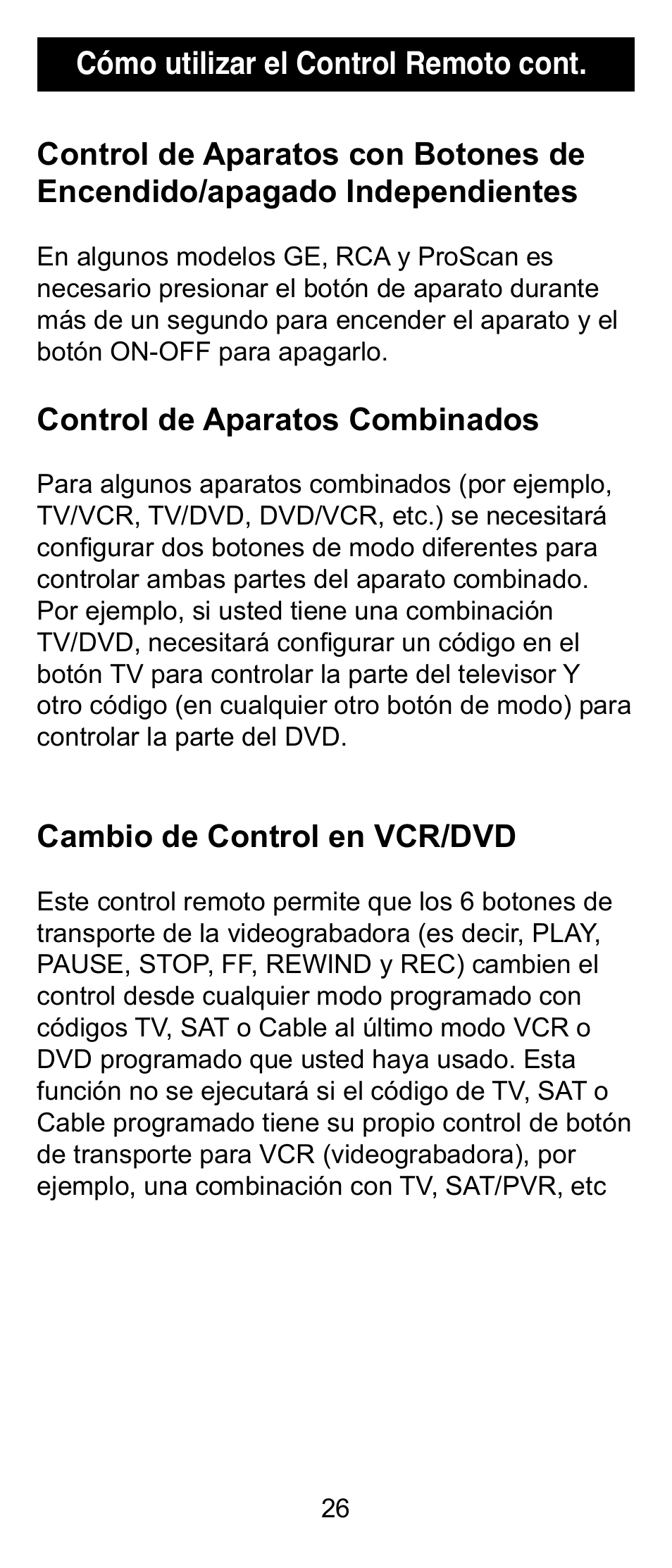 Control de aparatos combinados, Cambio de control en vcr/dvd | GE 24912 GE Universal Remote User Manual | Page 26 / 31