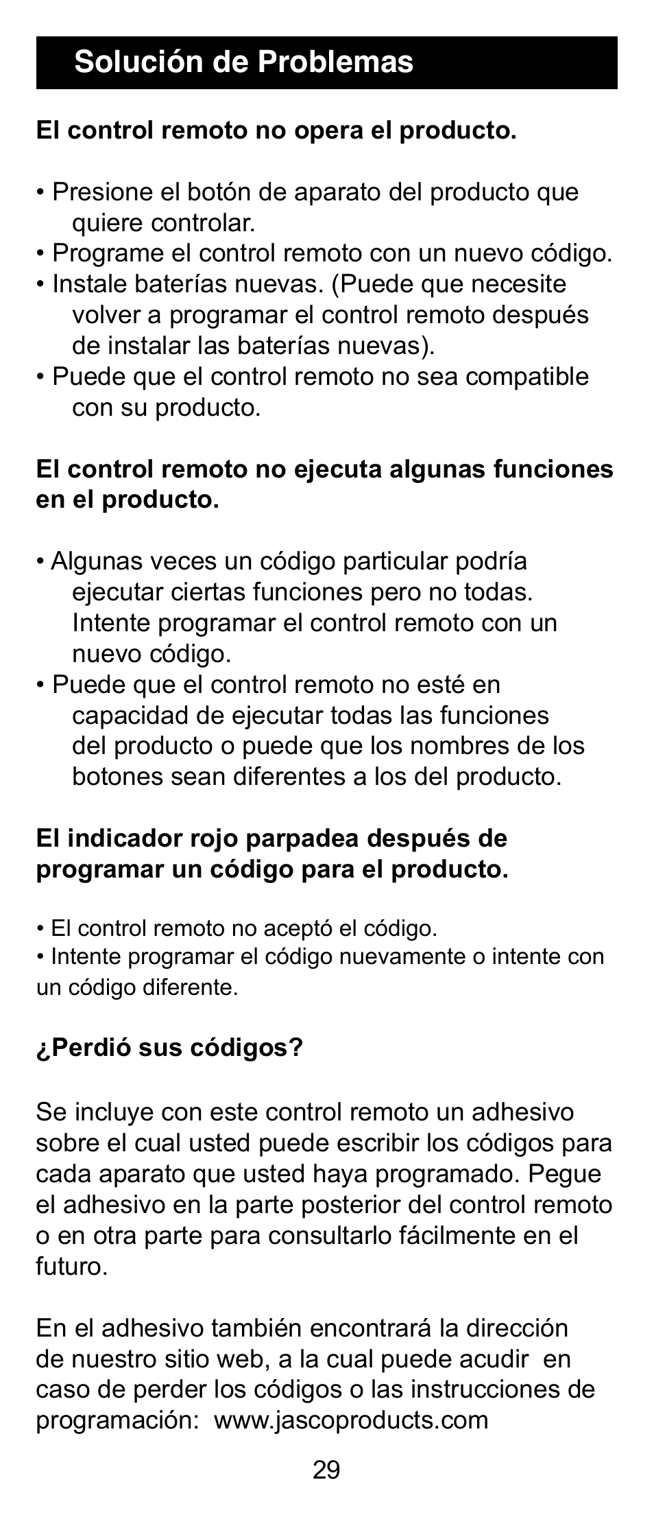 Solución de problemas | GE 24912 GE Universal Remote User Manual | Page 29 / 31