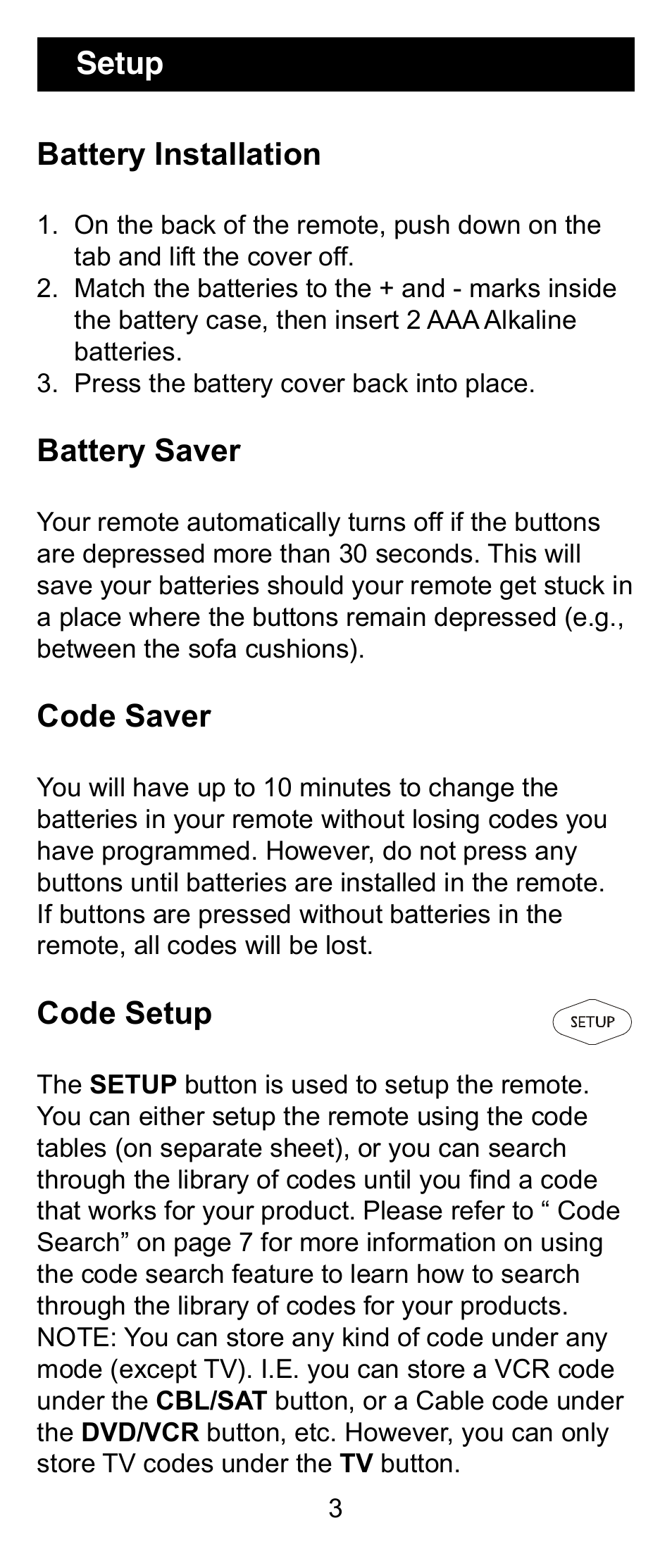 Battery installation, Battery saver, Code saver | Code setup, Setup | GE 24912 GE Universal Remote User Manual | Page 3 / 31