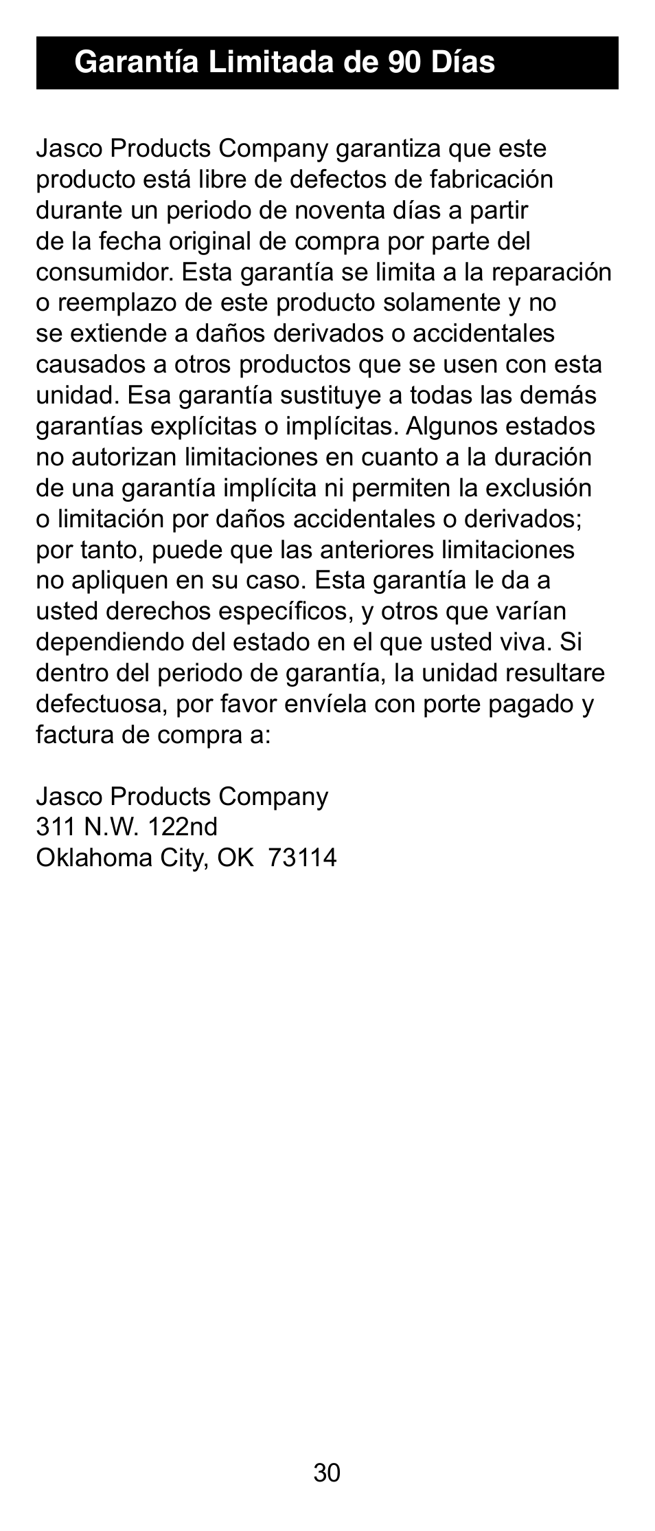 Garantía limitada de 90 días | GE 24912 GE Universal Remote User Manual | Page 30 / 31