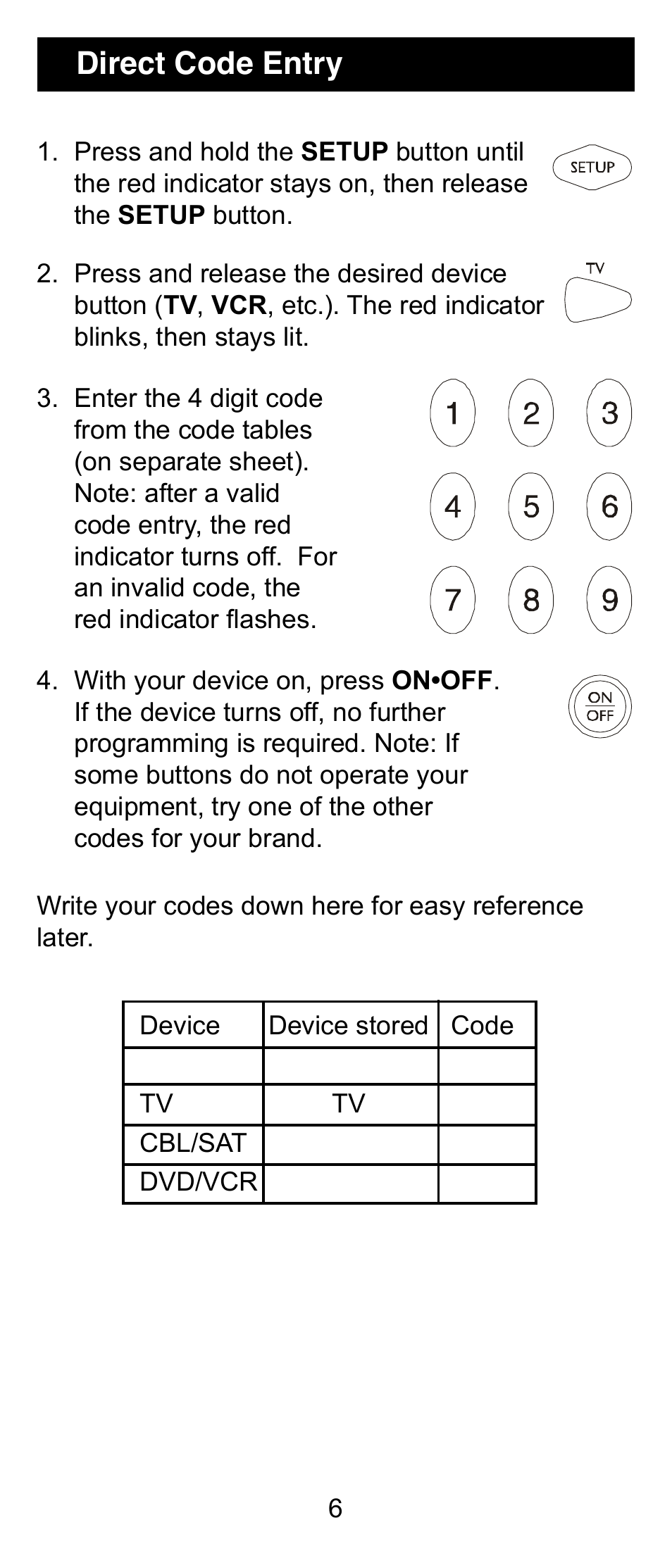 Direct code entry | GE 24912 GE Universal Remote User Manual | Page 6 / 31