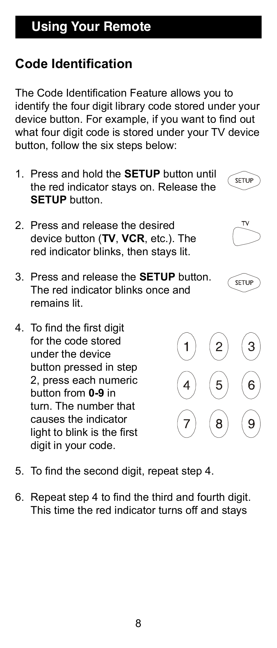 Using your remote code identification | GE 24912 GE Universal Remote User Manual | Page 8 / 31