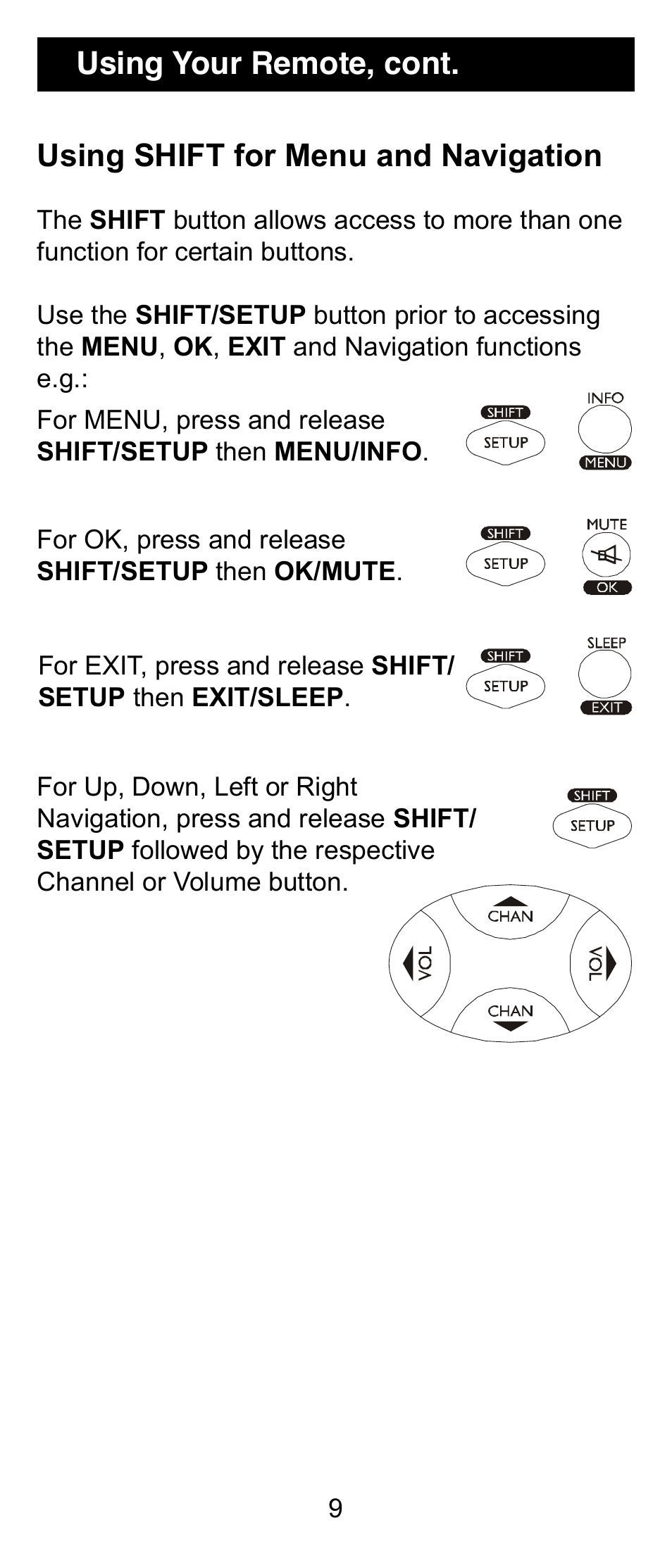 Using your remote, cont, Using shift for menu and navigation | GE 24912 GE Universal Remote User Manual | Page 9 / 31