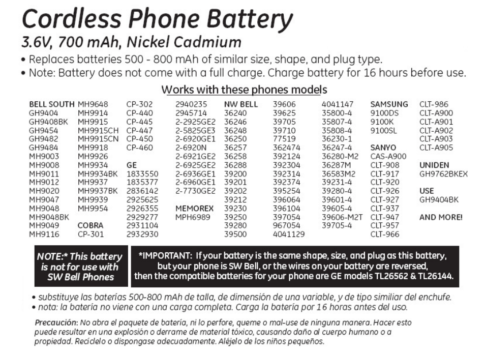 GE 26554 GE Cordless Phone Battery User Manual | 1 page