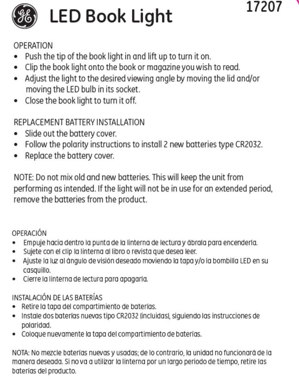 GE 17207 GE LED Book Light Black User Manual | 1 page