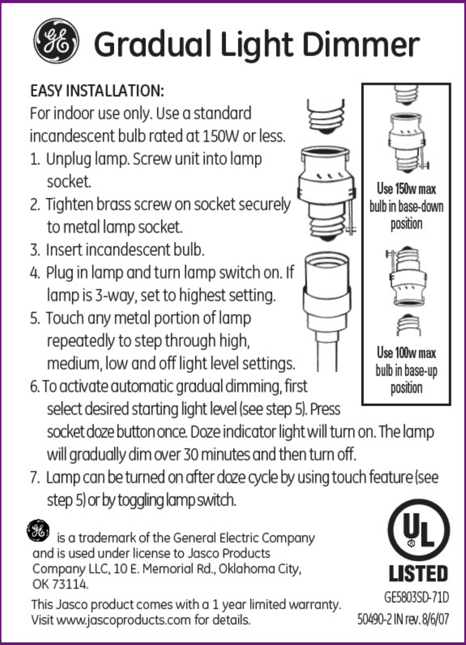 GE 50490 GE Gradual Lamp Dimmer with Touch Control User Manual | 1 page