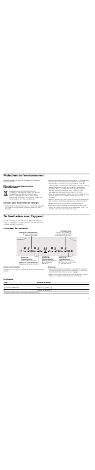 Protection de l'environnement, Élimination sans nuisances pour l'environnement, Conseils pour économiser de l'énergie | Se familiariser avec l'appareil, Le bandeau de commande, Surfaces de commande, Remarques, Les foyers | Neff T13D80N1 User Manual | Page 13 / 36