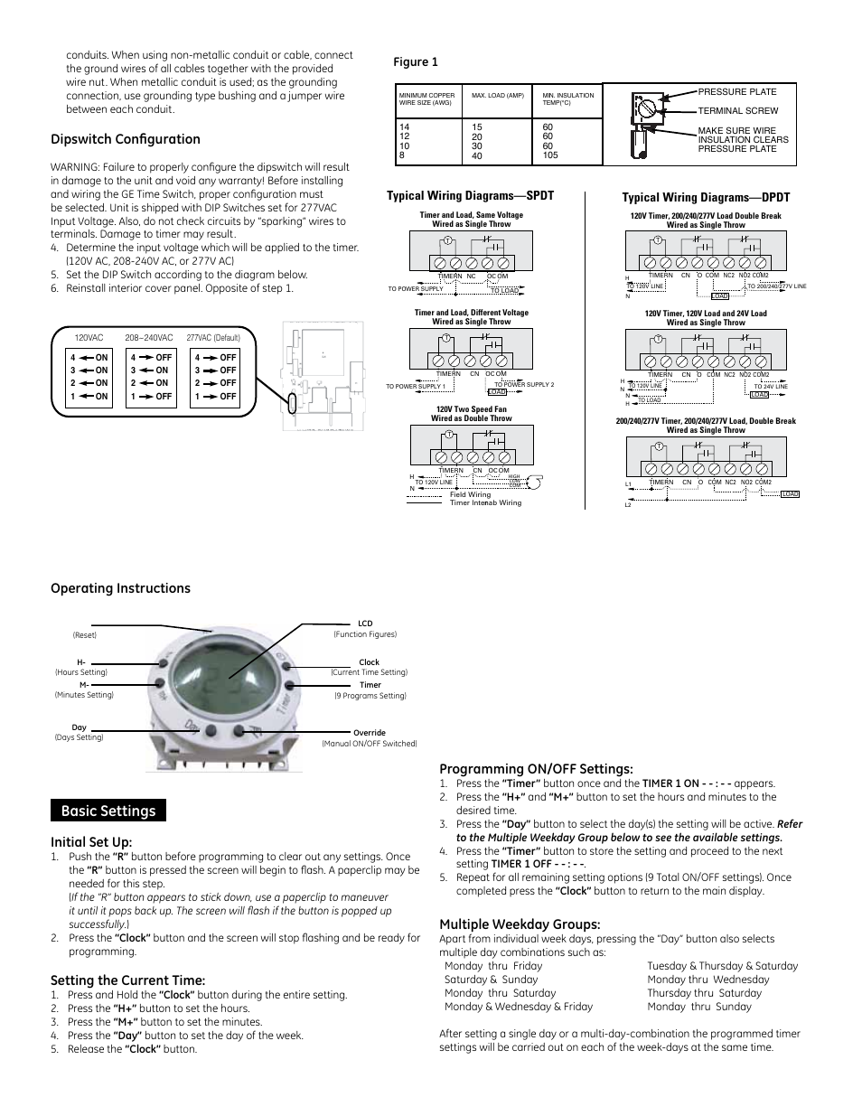 Basic settings, Initial set up, Setting the current time | Programming on/off settings, Multiple weekday groups, Dipswitch configuration, Operating instructions, Figure 1, Typical wiring diagrams—dpdt, Typical wiring diagrams—spdt | GE Box-Timer 15132 GE Digital Time Switch User Manual | Page 2 / 3