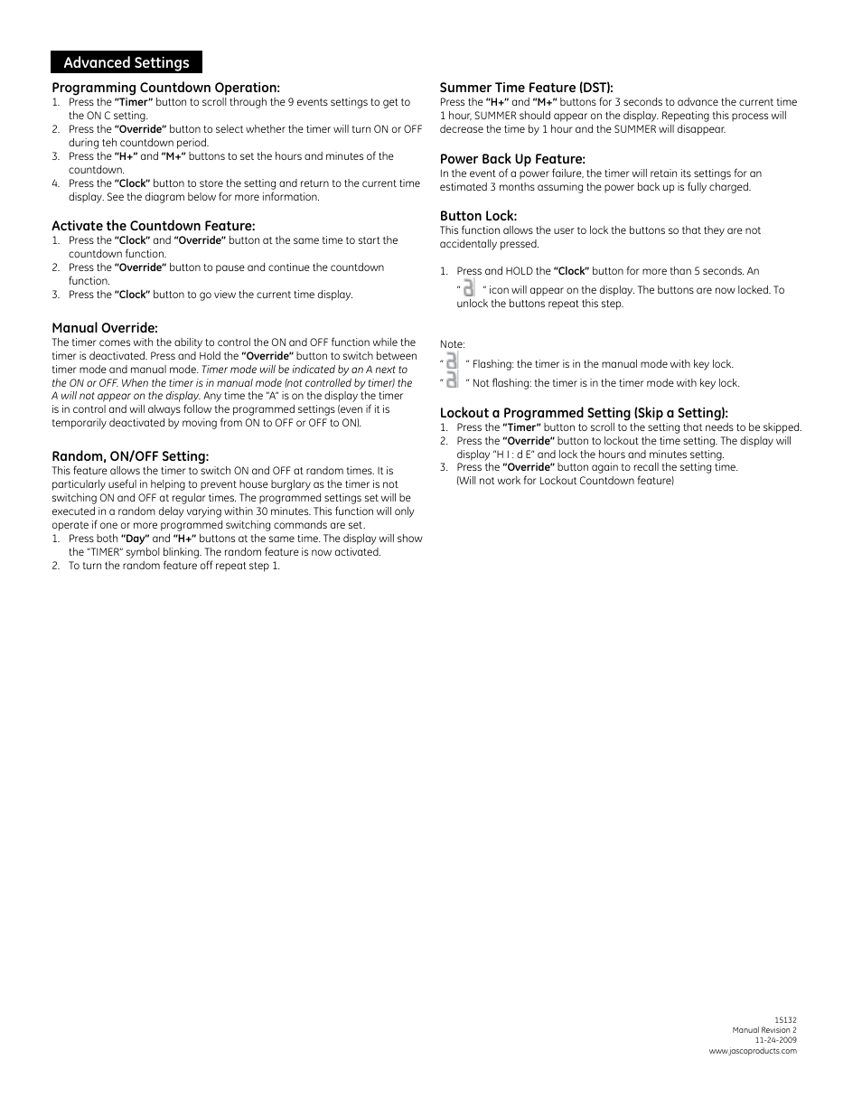 Advanced settings | GE Box-Timer 15132 GE Digital Time Switch User Manual | Page 3 / 3