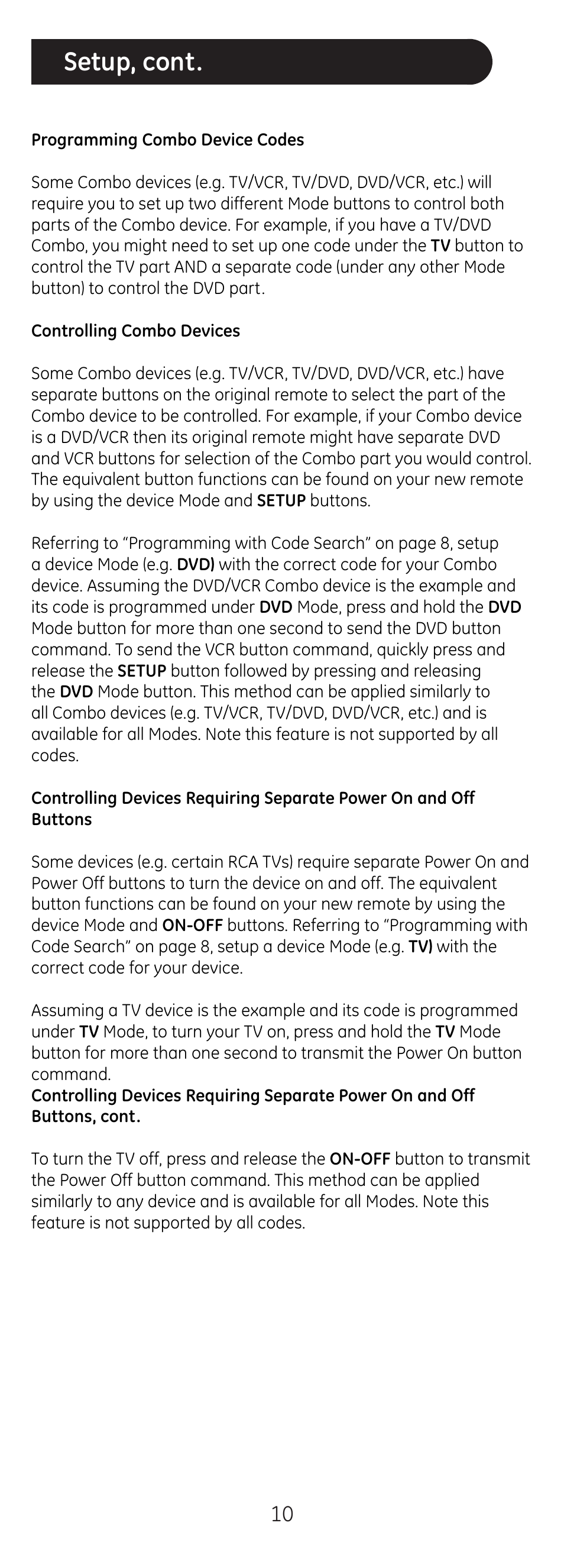 Setup, cont | GE 20620 GE Universal Remote User Manual | Page 10 / 20