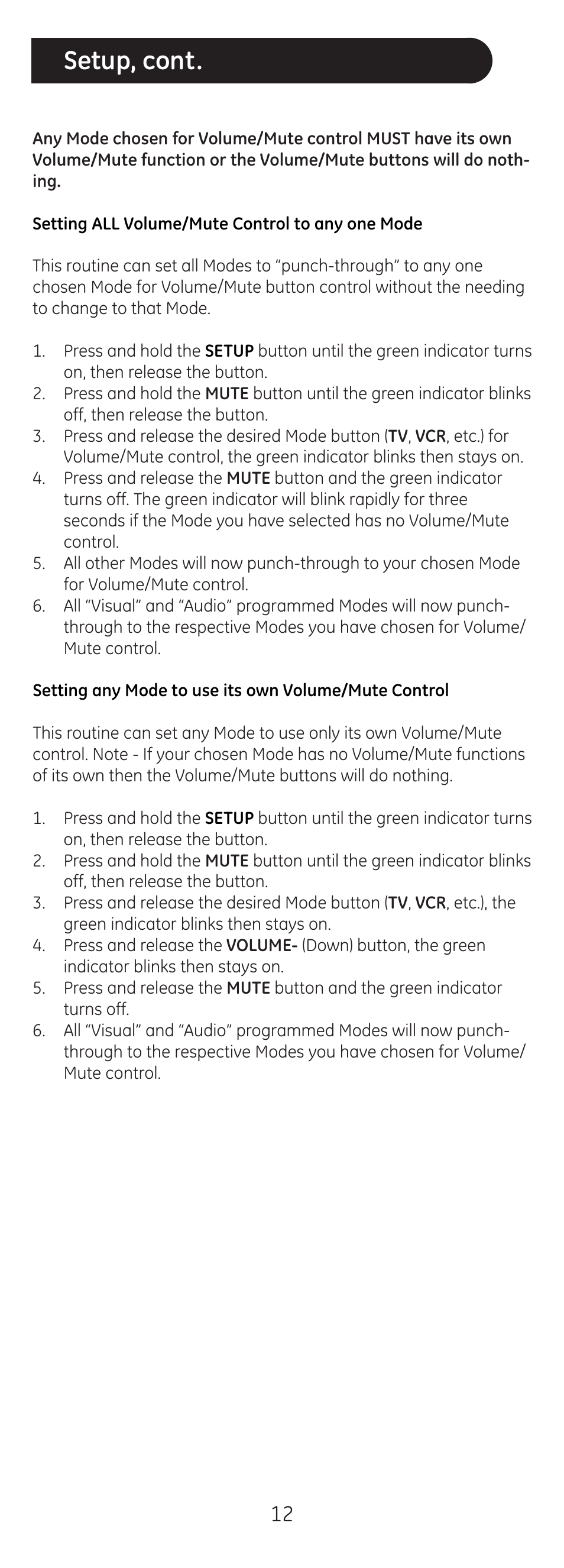 Setup, cont | GE 20620 GE Universal Remote User Manual | Page 12 / 20