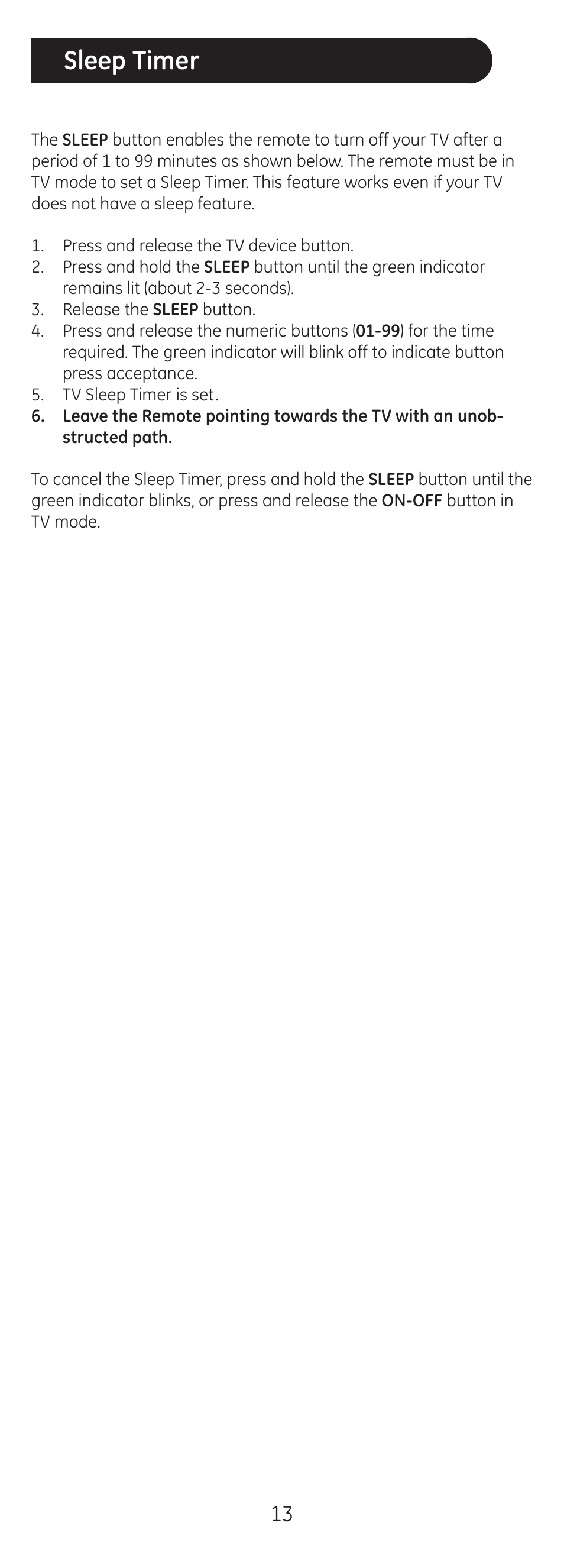 Sleep timer | GE 20620 GE Universal Remote User Manual | Page 13 / 20