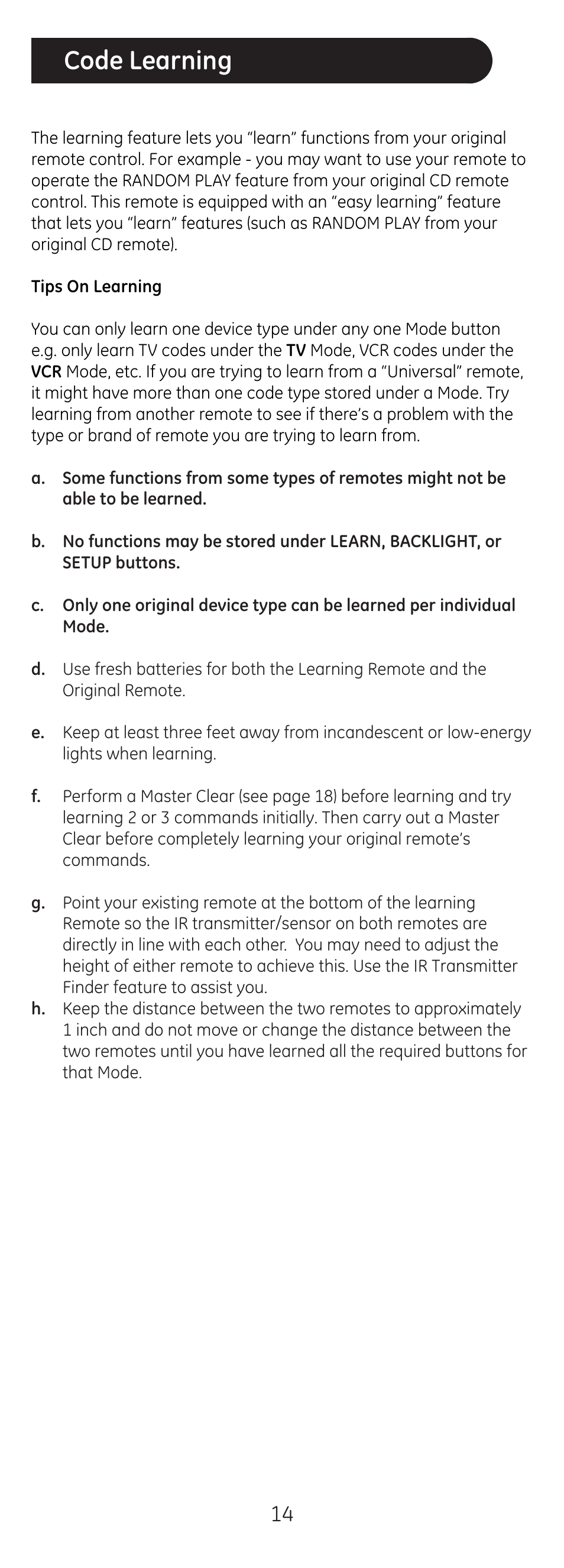 Code learning | GE 20620 GE Universal Remote User Manual | Page 14 / 20