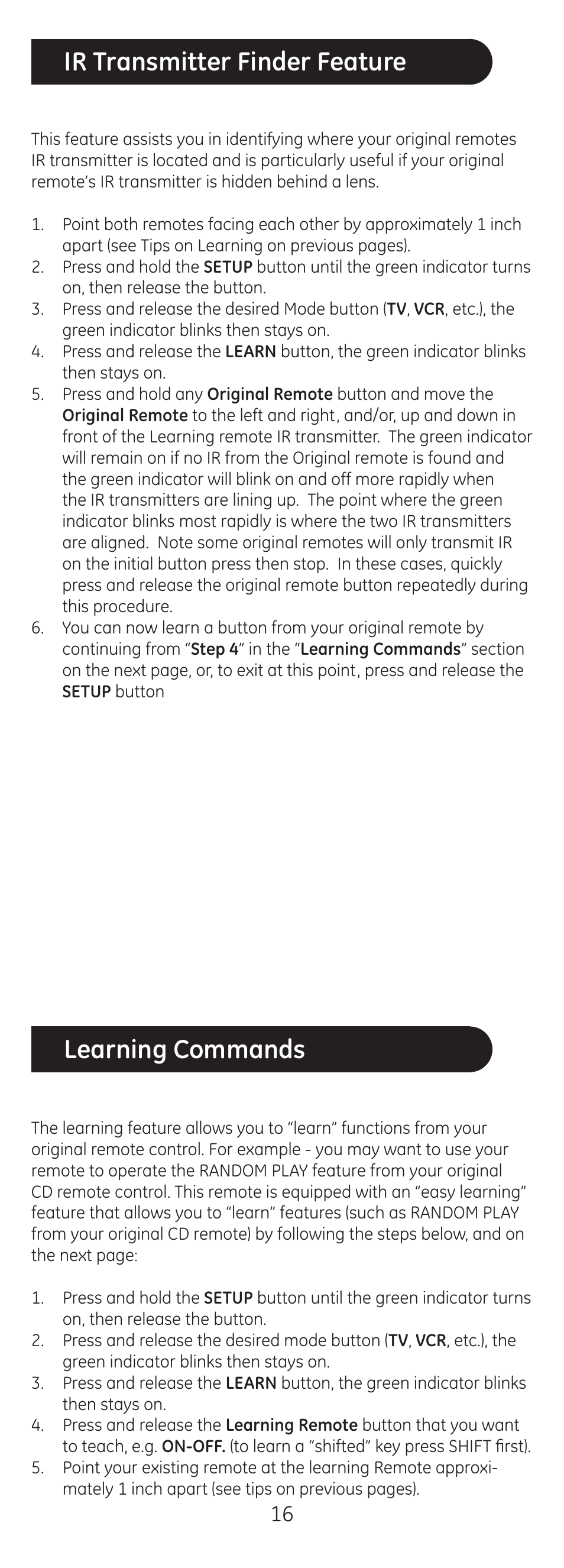 Learning commands, Ir transmitter finder feature | GE 20620 GE Universal Remote User Manual | Page 16 / 20