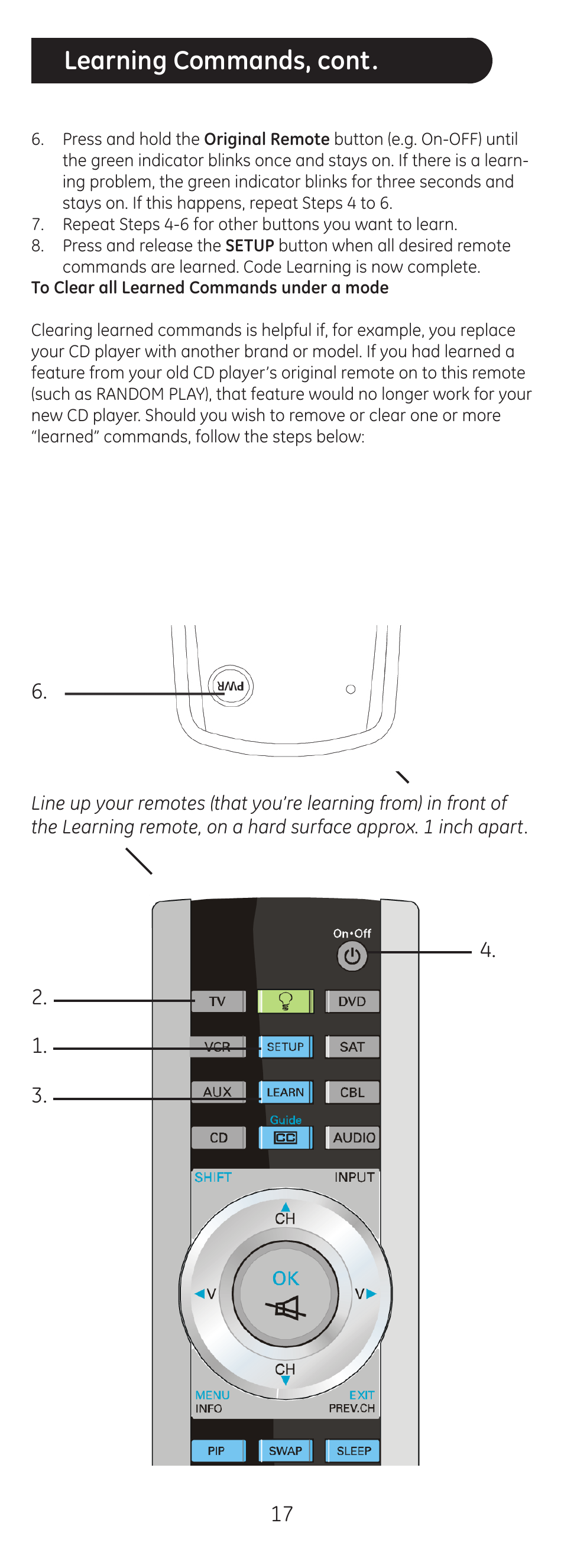 Learning commands, cont | GE 20620 GE Universal Remote User Manual | Page 17 / 20