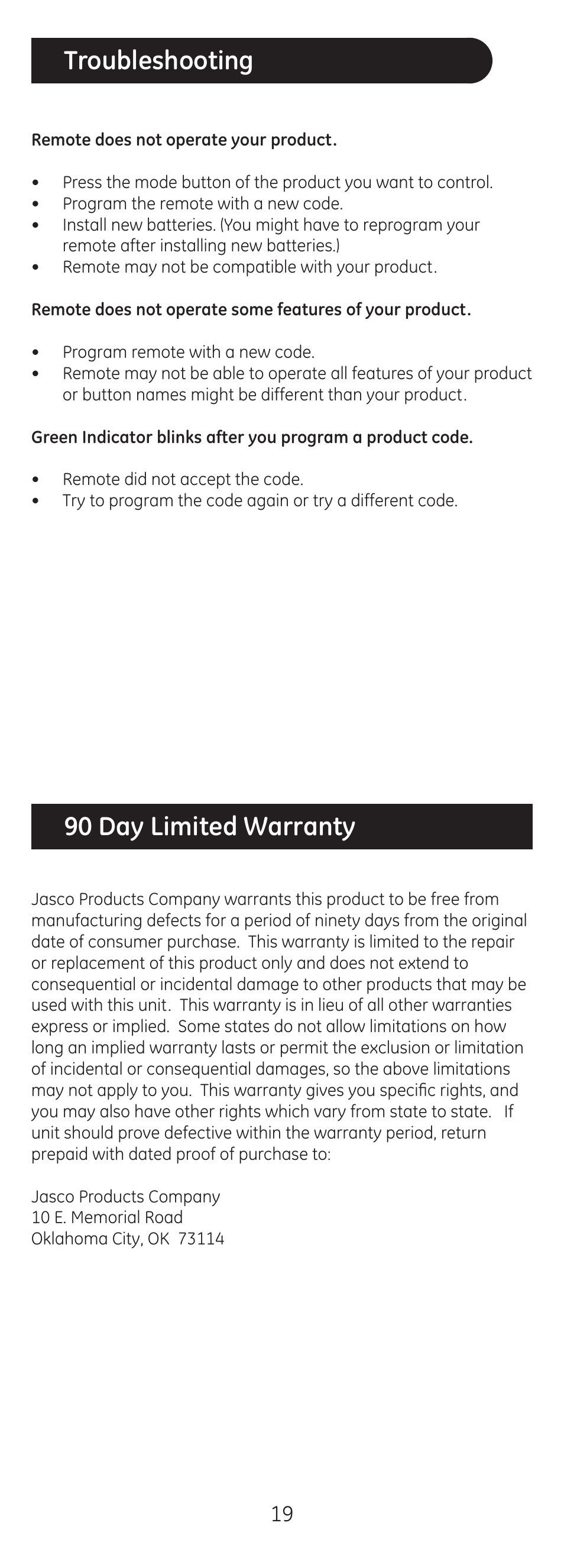 Troubleshooting, 90 day limited warranty | GE 20620 GE Universal Remote User Manual | Page 19 / 20