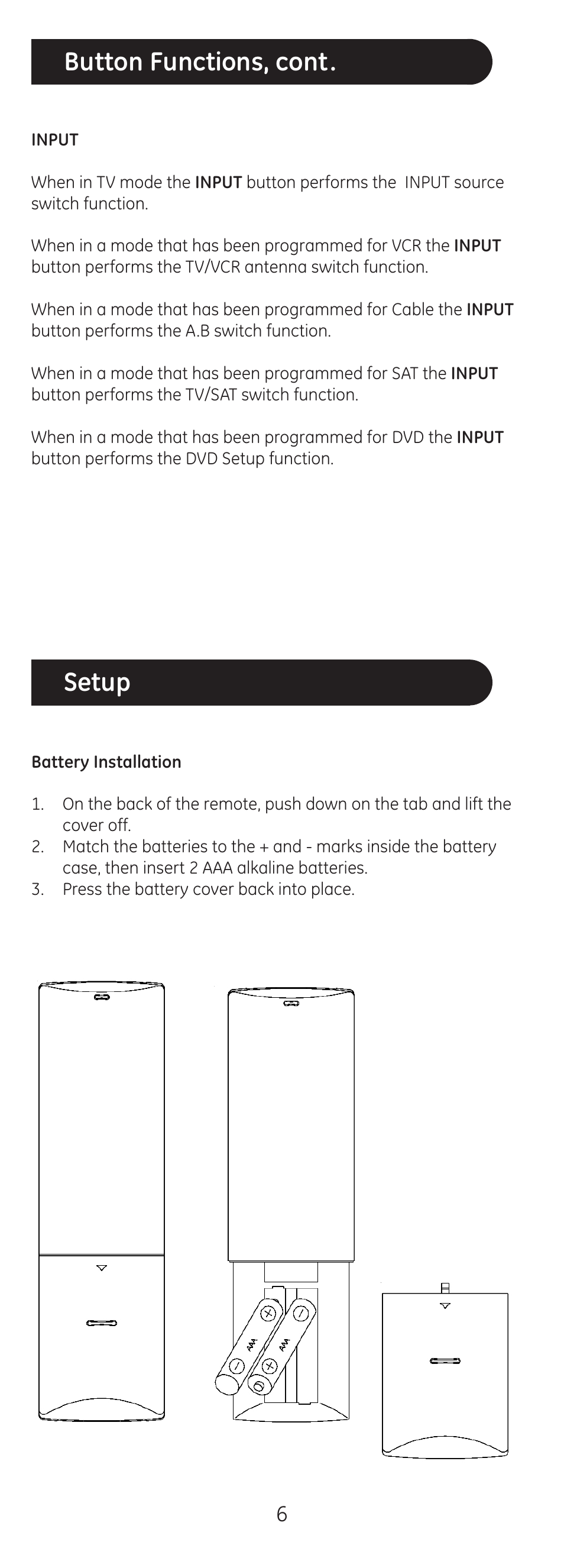 Button functions, cont, Setup | GE 20620 GE Universal Remote User Manual | Page 6 / 20