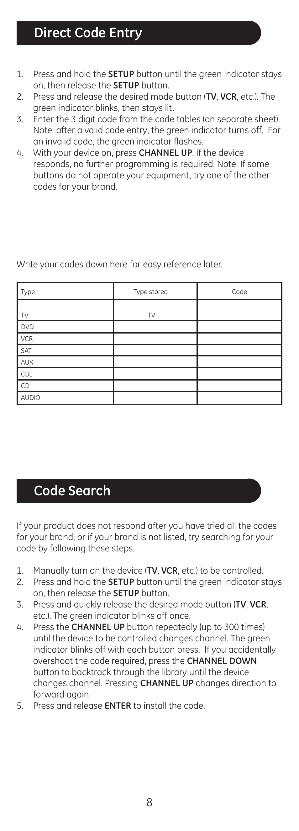 Direct code entry, Code search | GE 20620 GE Universal Remote User Manual | Page 8 / 20
