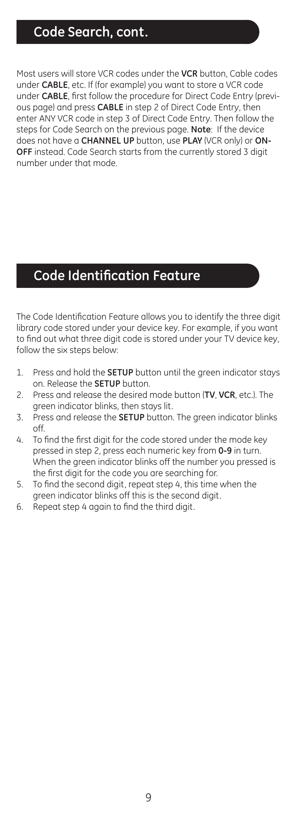Code search, cont. code identification feature | GE 20620 GE Universal Remote User Manual | Page 9 / 20