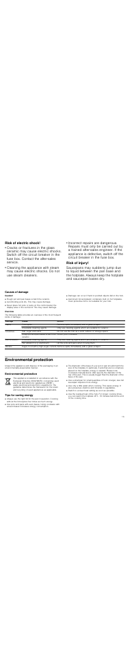 Risk of electric shock, Risk of injury, Causes of damage | Caution, Rough pot and pan bases scratch the ceramic, Avoid boiling pots dry. this may cause damage, Overview, Environmental protection, Tips for saving energy, Environmental protection tips for saving energy | Neff T13K20N0 User Manual | Page 13 / 24