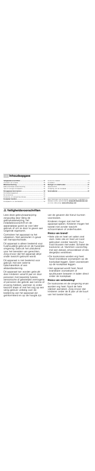 É inhoudsopgave[nl] gebruiksaanwijzing, M veiligheidsvoorschriften, Risico van brand | Risico van verbranding, Inhoudsopgave, Ã= veiligheidsvoorschriften | Neff T13K20N0 User Manual | Page 17 / 24