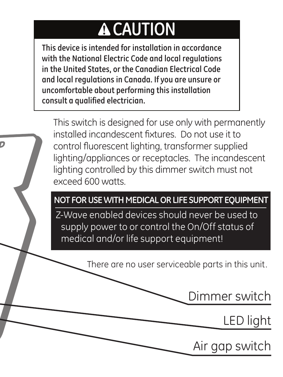 Caution, Dimmer switch led light air gap switch | GE 45613 GE Z-Wave 3-Way Dimmer Kit with Terminals User Manual | Page 3 / 24