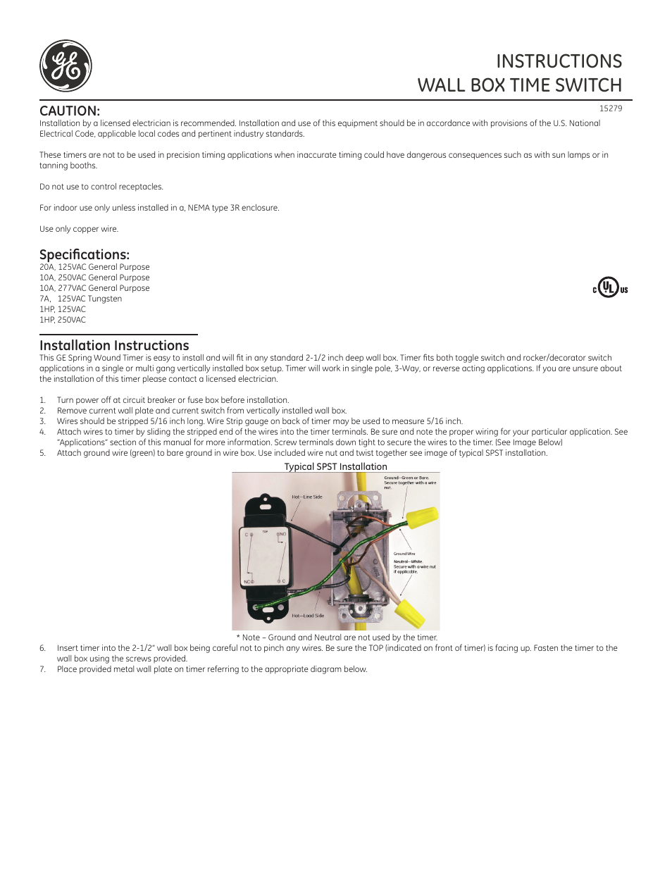 GE 15279 In-Wall Spring Wound Timer User Manual | 2 pages
