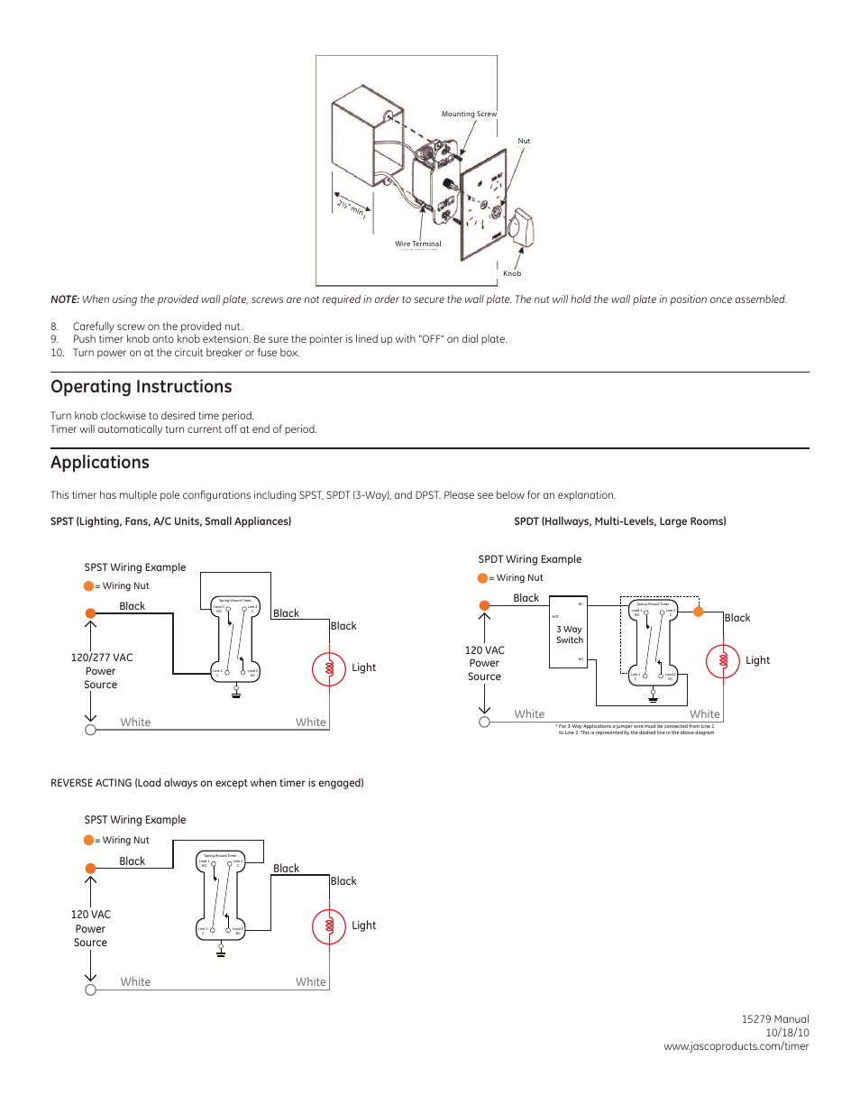 Operating instructions, Applications, White | GE 15279 In-Wall Spring Wound Timer User Manual | Page 2 / 2