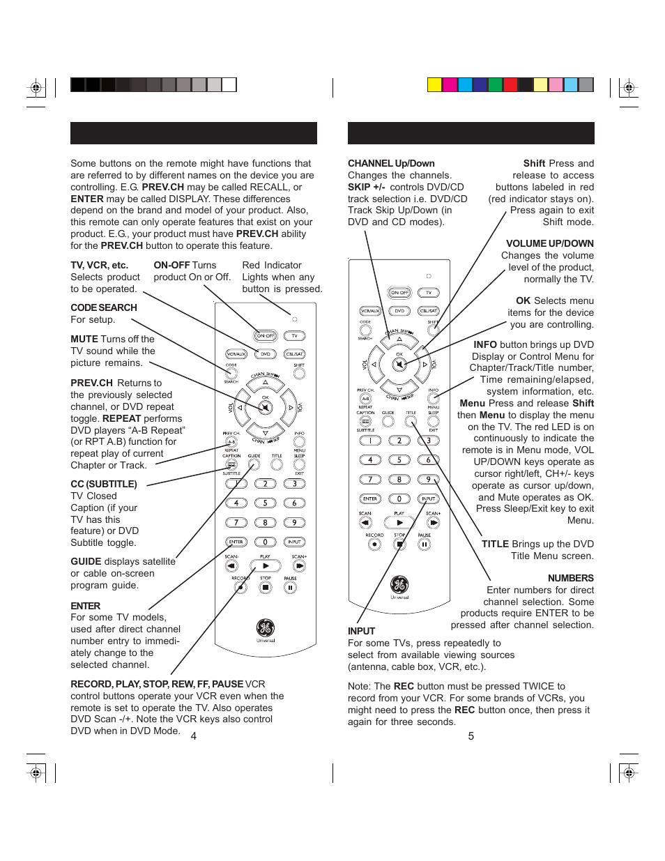 Button functions, cont, Button functions | GE 24977 GE Universal Remote User Manual | Page 3 / 9