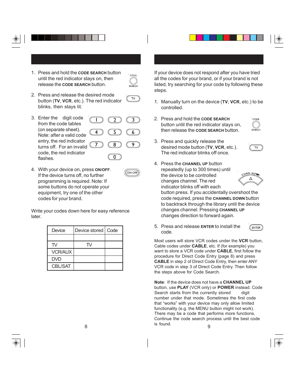 Code search, Direct code entry | GE 24977 GE Universal Remote User Manual | Page 5 / 9