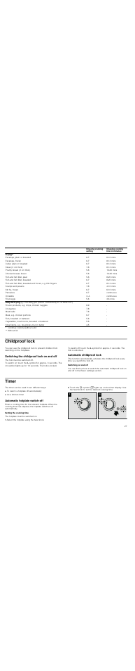 Childproof lock, Switching the childproof lock on and off, Automatic childproof lock | Switching on and off, Timer, Automatic hotplate switch-off, Setting the cooking time, Select the hotplate using the twist knob | Neff T15T82X0 User Manual | Page 27 / 44
