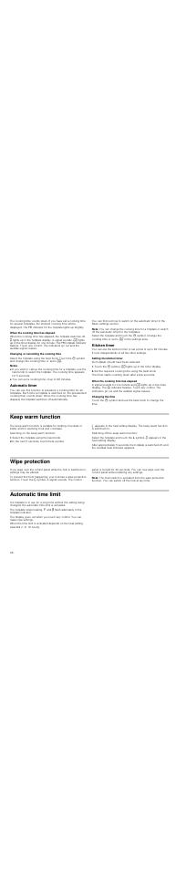When the cooking time has elapsed, Changing or cancelling the cooking time, Notes | Automatic timer, Note, Kitchen timer, Setting the kitchen timer, Set the required cooking time using the twist knob, Changing the time, Keep warm function | Neff T15T82X0 User Manual | Page 28 / 44