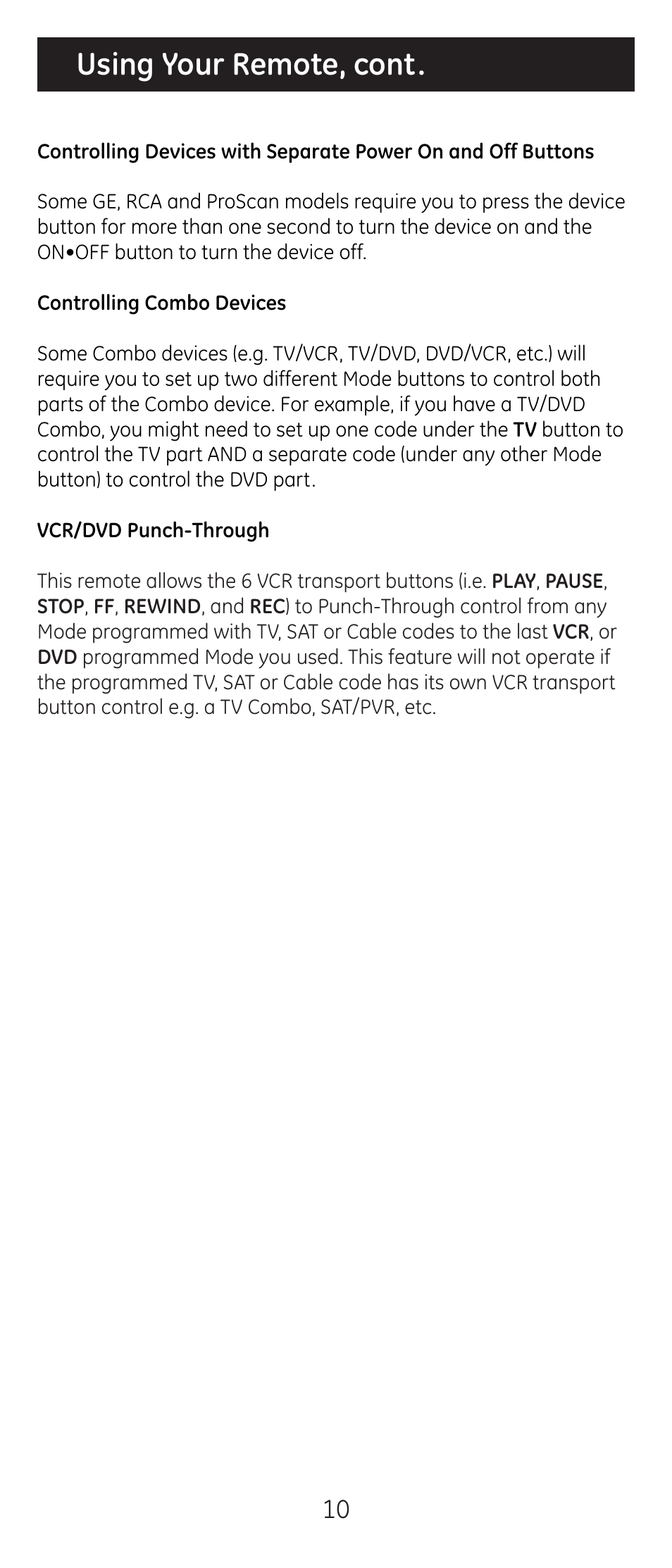 Using your remote, cont | GE 20622 GE Universal Remote User Manual | Page 10 / 15