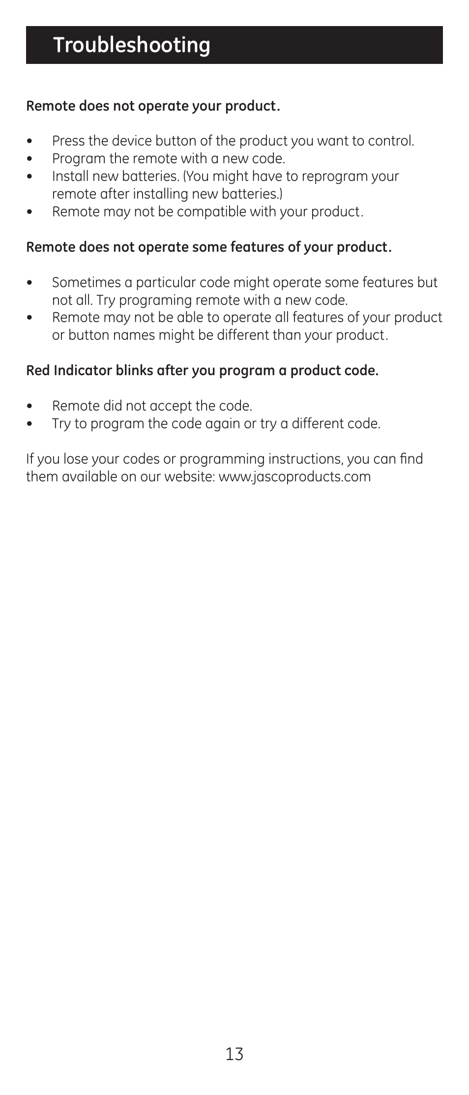 Troubleshooting | GE 20622 GE Universal Remote User Manual | Page 13 / 15