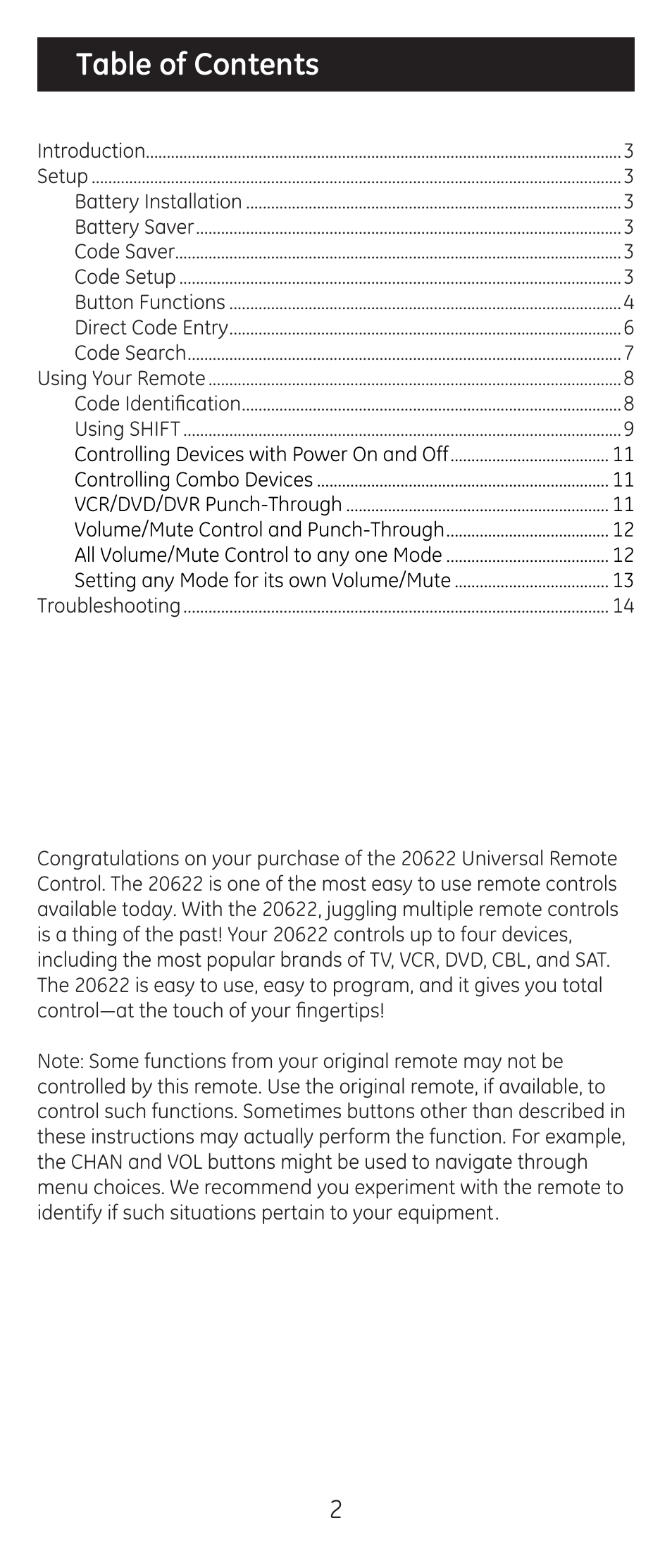 GE 20622 GE Universal Remote User Manual | Page 2 / 15