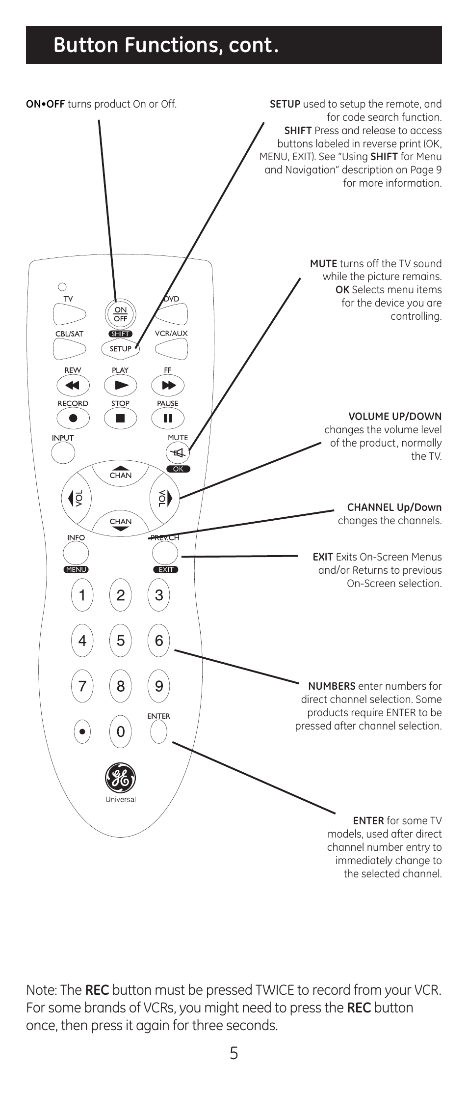 Button functions, cont | GE 20622 GE Universal Remote User Manual | Page 5 / 15