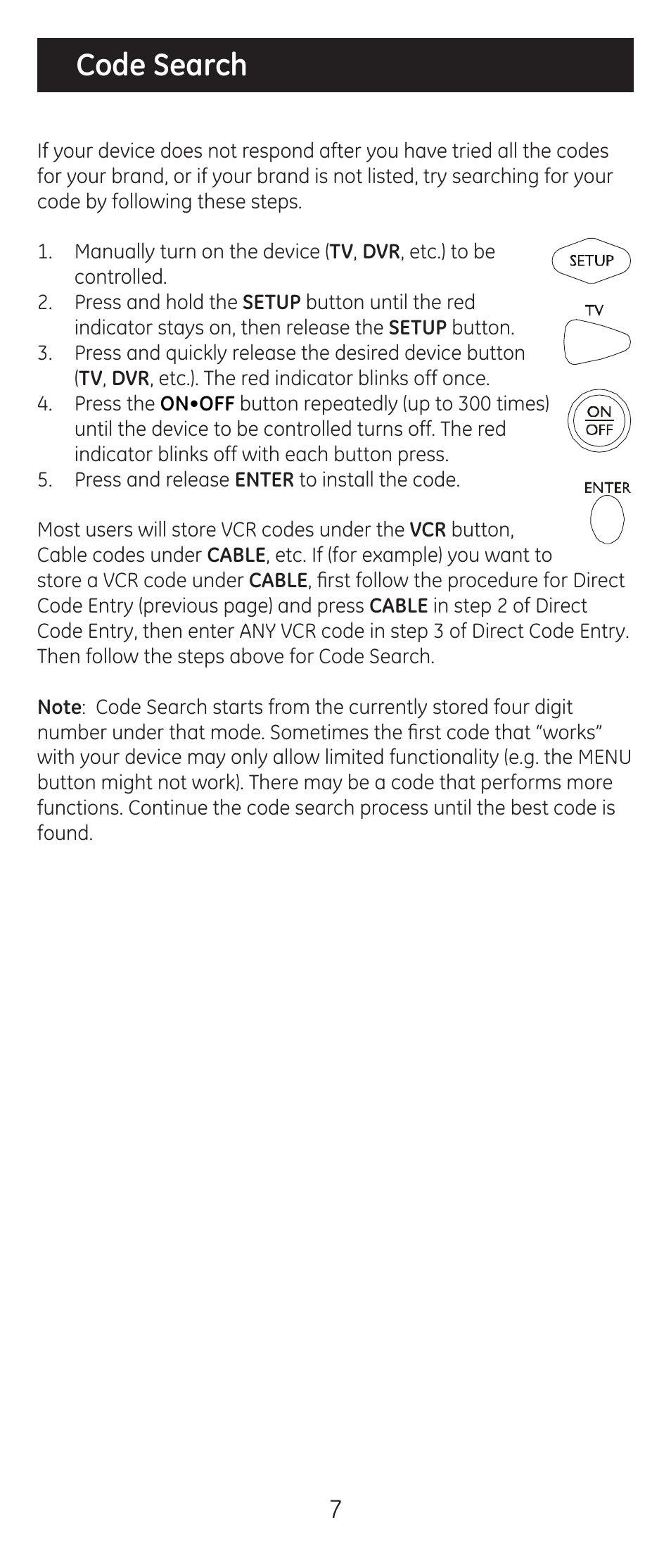 Code search | GE 20622 GE Universal Remote User Manual | Page 7 / 15