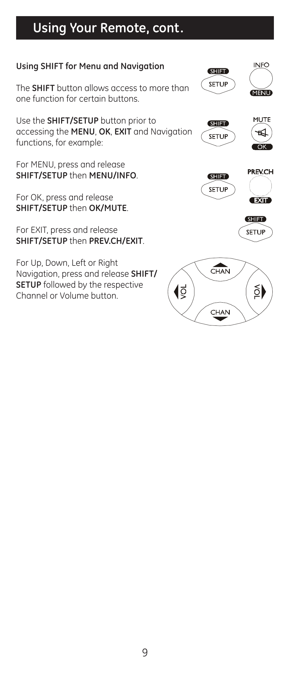 Using your remote, cont | GE 20622 GE Universal Remote User Manual | Page 9 / 15